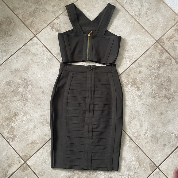 Worn once Olive 2pc Bodycon Skirt Set with gold metal details - Picture 2 of 2